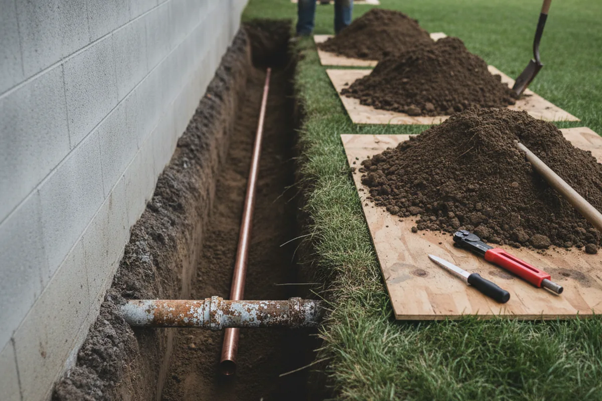 Excavated water line trench during Water Softener Installation in Cordova